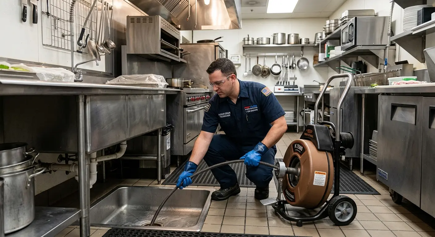 Commercial drain cleaning service in a restaurant kitchen in Blanchard