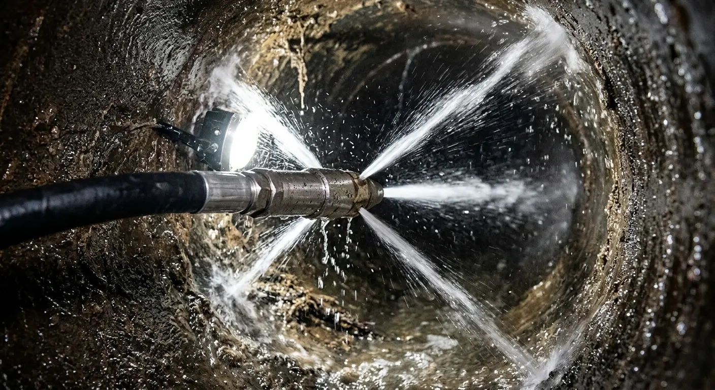 High-pressure hydro jetting nozzle cleaning sewer pipe for Trenchless Sewer Repair in Blanchard