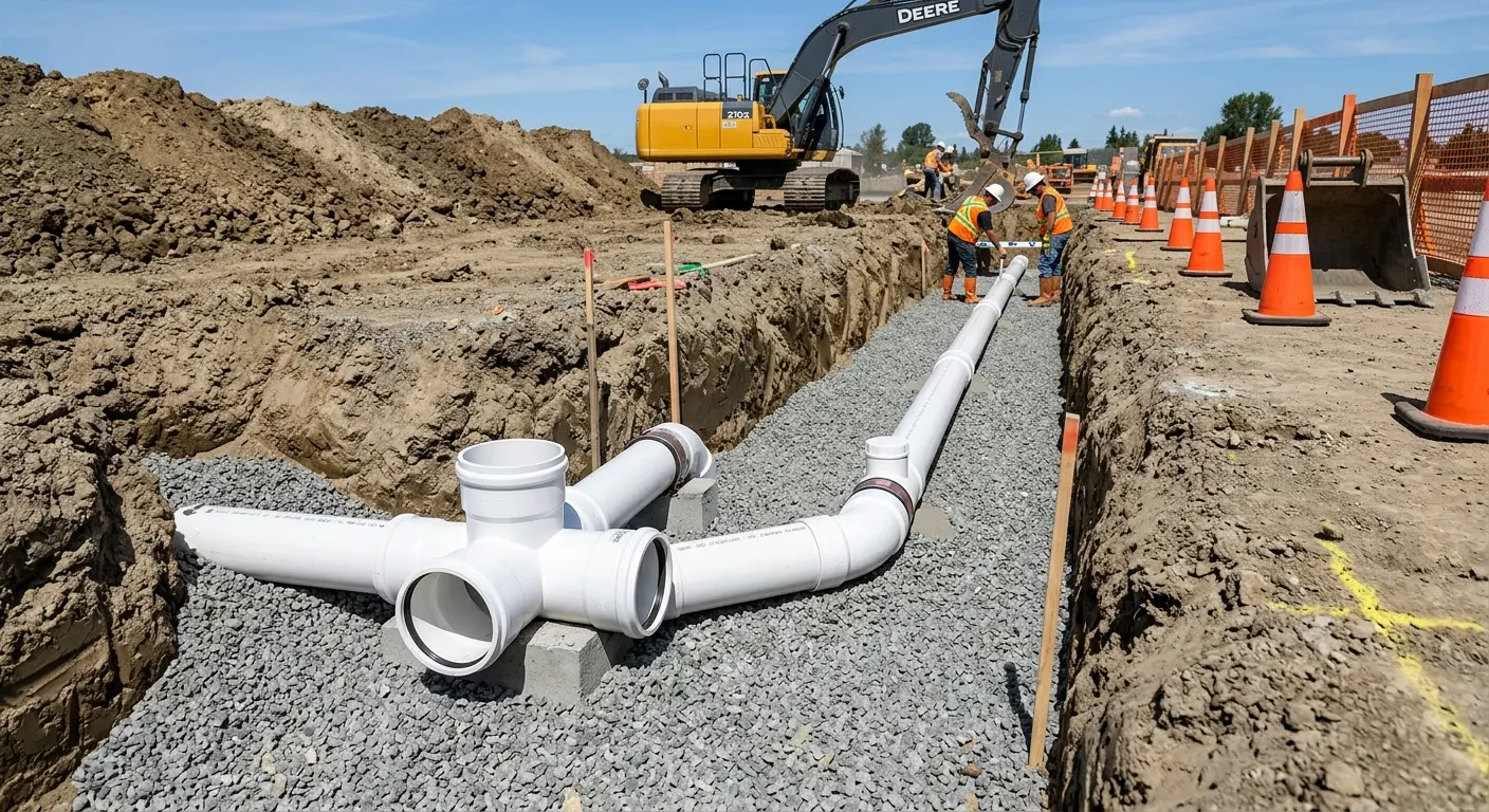 New PVC sewer pipe installation in open trench for Sewer Camera Inspection in Blanchard