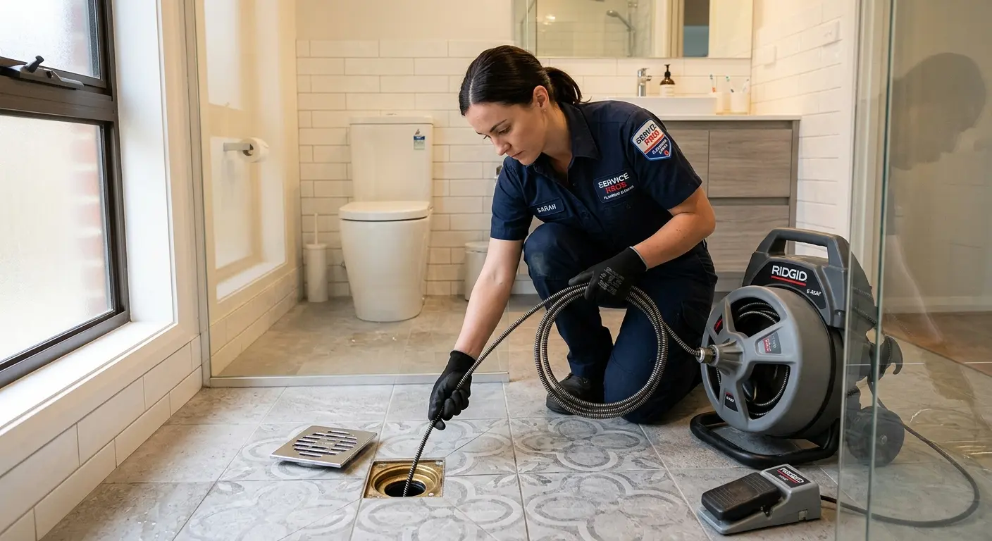 Technician clearing a bathroom floor drain for Sewer Line Installation in Blanchard